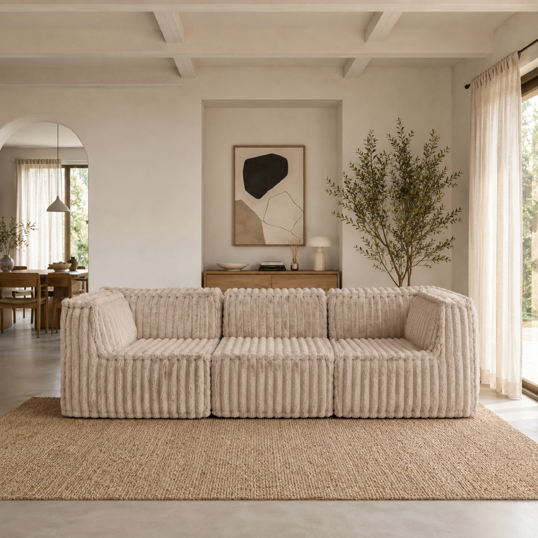 Canapé modulable 3 places déhoussable - Fourrure côtelée - 90x262 cm