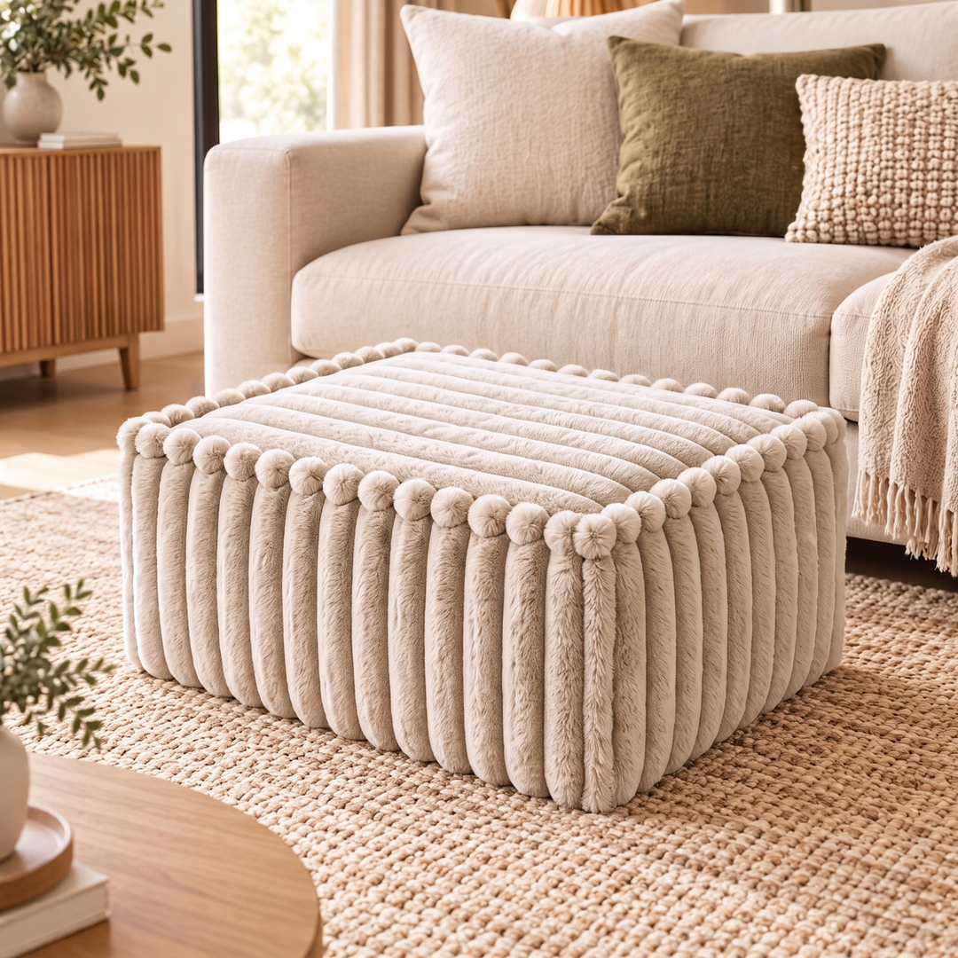 Module méridienne / repose-pieds déhoussable - Pour canapé modulable - Fourrure côtelée - 80x60 cm