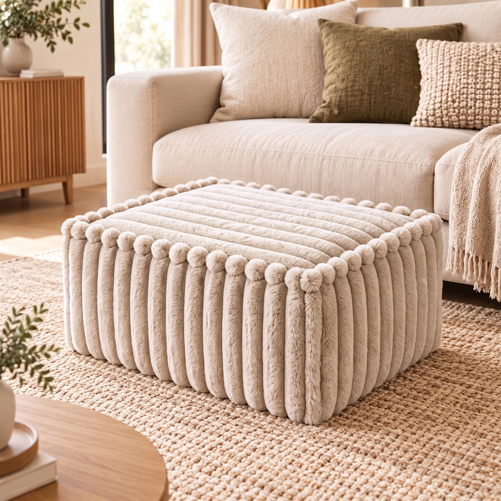Module méridienne / repose-pieds déhoussable - Pour canapé modulable - Fourrure côtelée - 80x60 cm