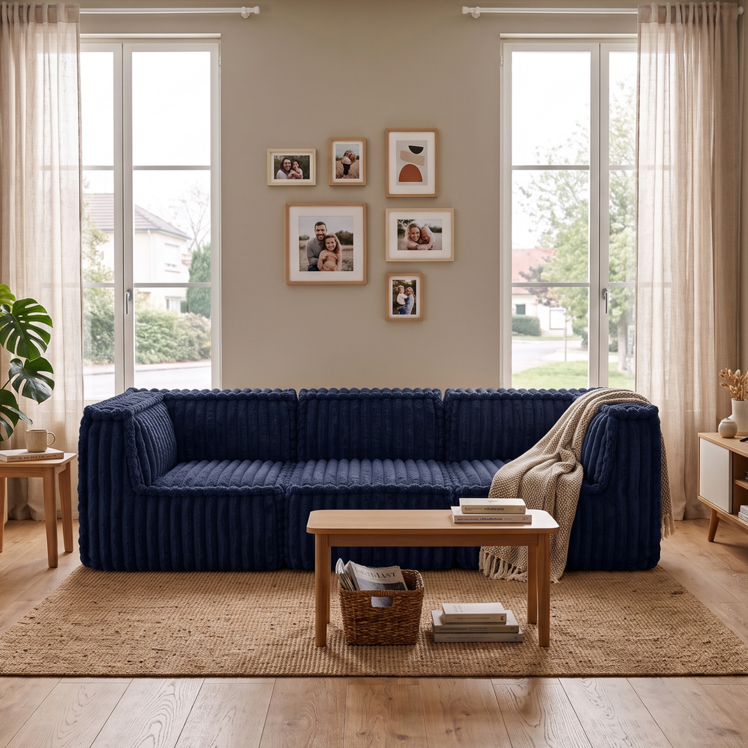 Canapé modulable 3 places déhoussable - Fourrure côtelée - 90x262 cm