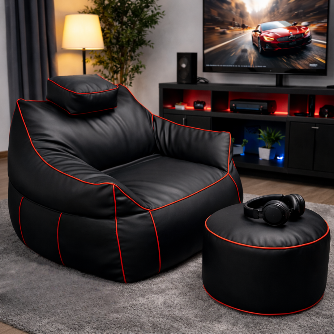 Pouf gaming en similicuir - 100x110 cm + Repose-pieds