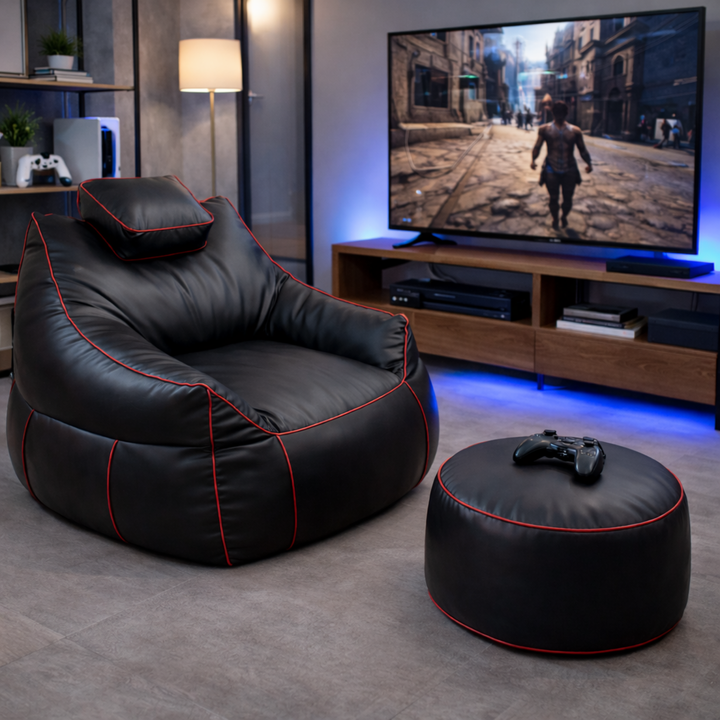 Pouf gaming en similicuir - 100x110 cm + Repose-pieds