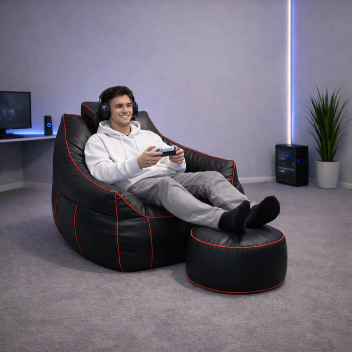 Pouf gaming en similicuir - 100x110 cm + Repose-pieds