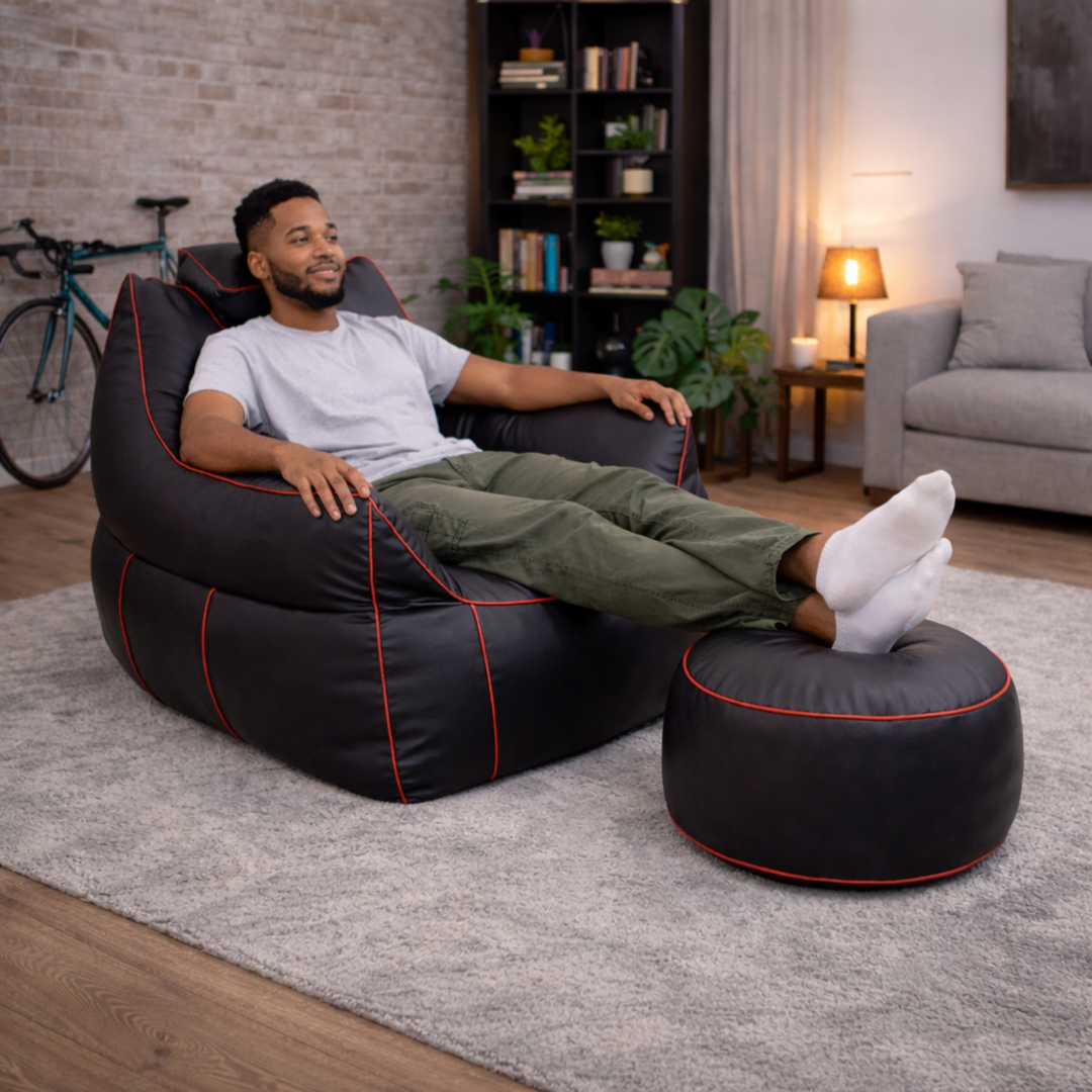 Pouf gaming en similicuir - 100x110 cm + Repose-pieds