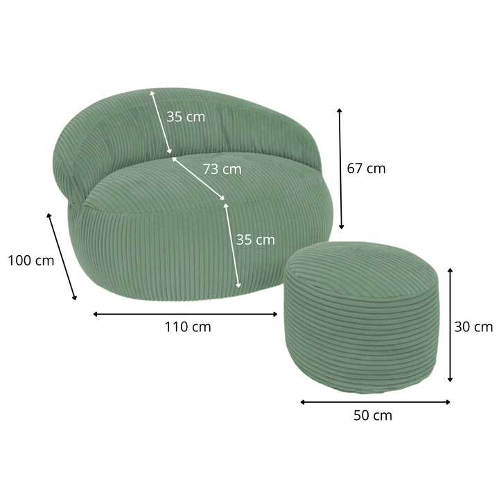 Pouf XXL En Velours Côtelé Déhoussable - 110 X 100 Cm + Repose-Pieds