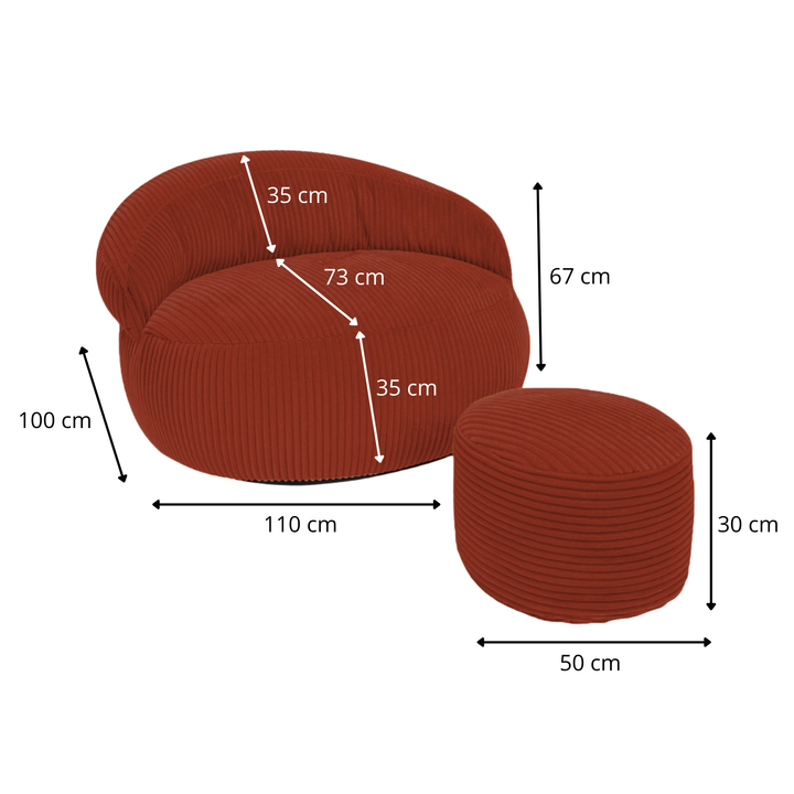 Pouf XXL En Velours Côtelé Déhoussable - 110 X 100 Cm + Repose-Pieds