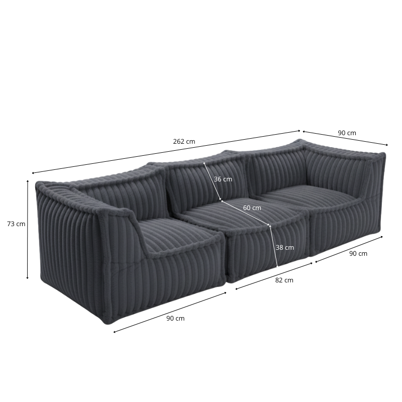 Canapé Modulable 3 Places - Fourrure Côtelée - 90x262 Cm