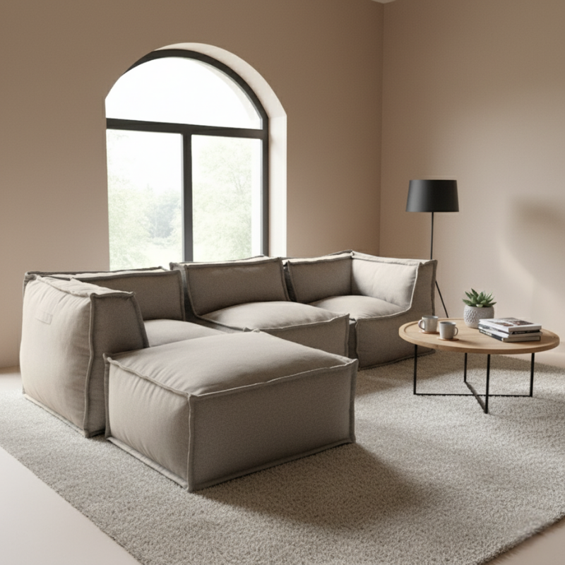 Canapé Modulable 4 Places Avec Méridienne - Effet Lin - 90x262 Cm