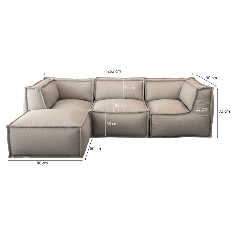Canapé Modulable 4 Places Avec Méridienne - Effet Lin - 90x262 Cm