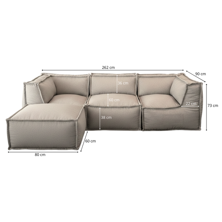 Canapé Modulable 4 Places Avec Méridienne - Effet Lin - 90x262 Cm