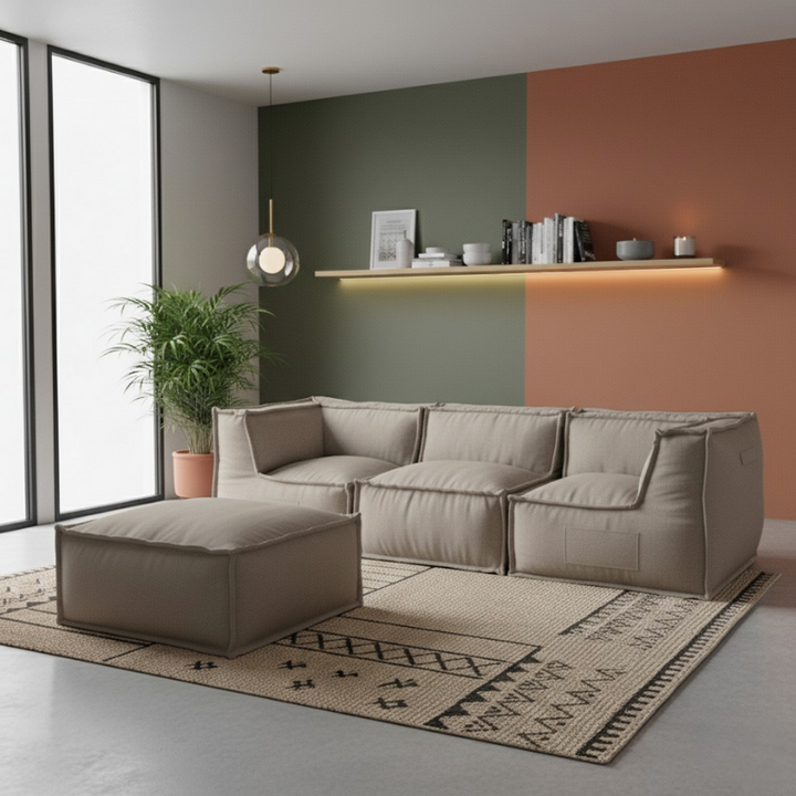Canapé Modulable 4 Places Avec Méridienne - Effet Lin - 90x262 Cm