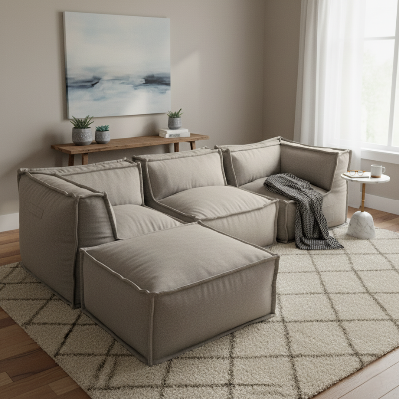 Canapé Modulable 4 Places Avec Méridienne - Effet Lin - 90x262 Cm