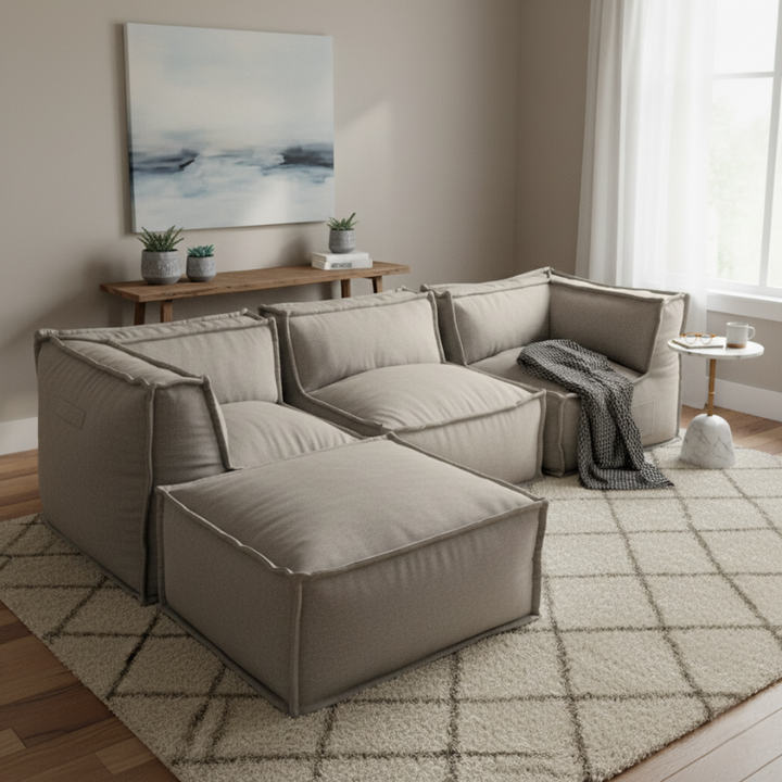 Canapé Modulable 4 Places Avec Méridienne - Effet Lin - 90x262 Cm