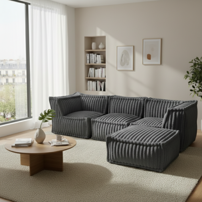 Canapé Modulable 4 Places Avec Méridienne - Fourrure Côtelée - 90x262 Cm