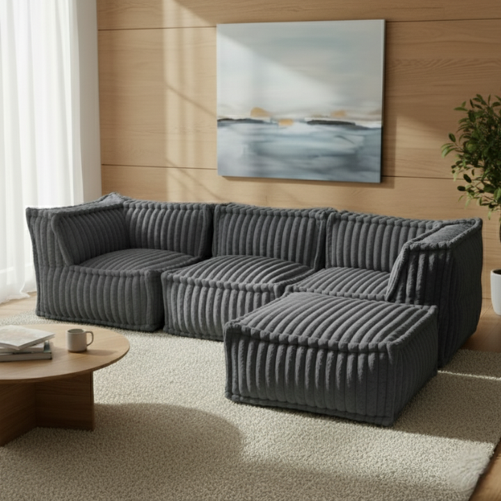 Canapé Modulable 4 Places Avec Méridienne - Fourrure Côtelée - 90x262 Cm