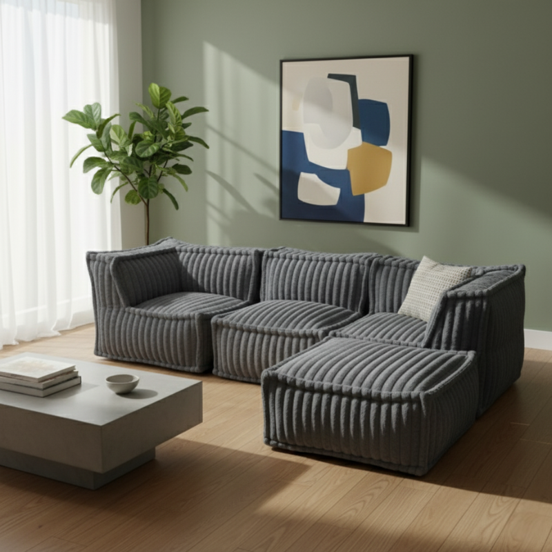 Canapé Modulable 4 Places Avec Méridienne - Fourrure Côtelée - 90x262 Cm
