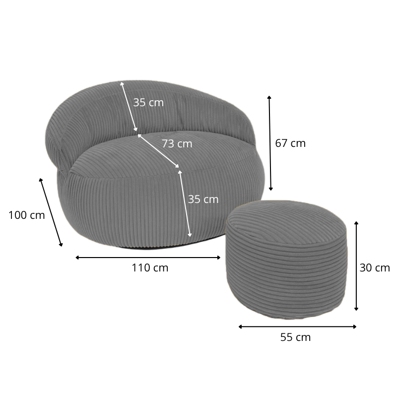 Pouf XXL En Velours Côtelé Déhoussable - 110 X 100 Cm + Repose-Pieds