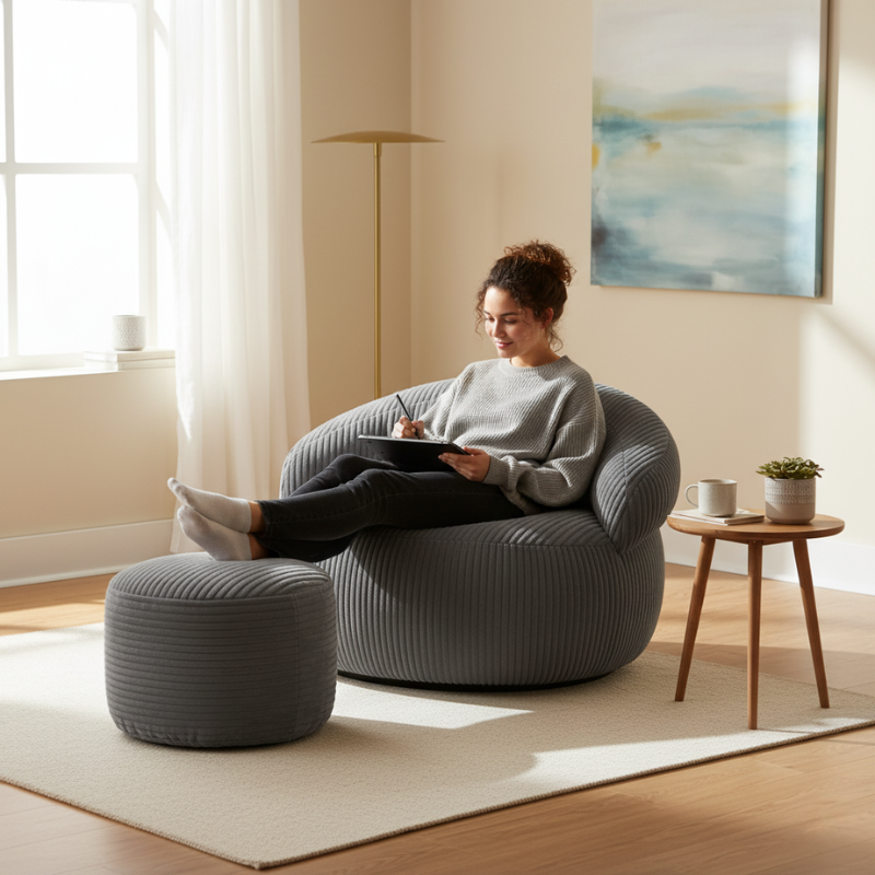 Pouf XXL En Velours Côtelé Déhoussable - 110 X 100 Cm + Repose-Pieds
