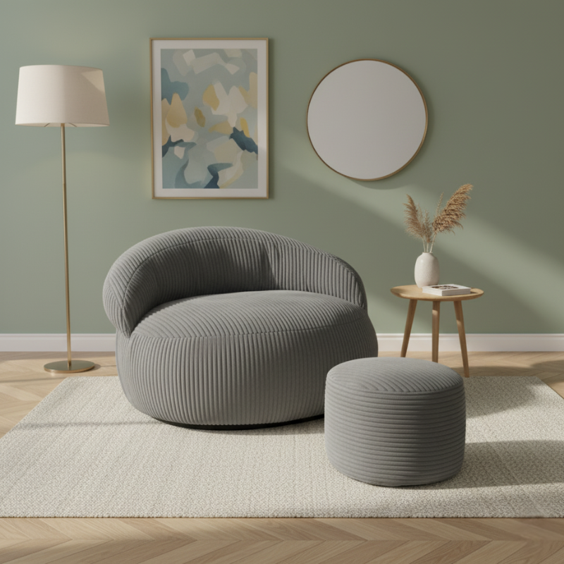 Pouf XXL En Velours Côtelé Déhoussable - 110 X 100 Cm + Repose-Pieds