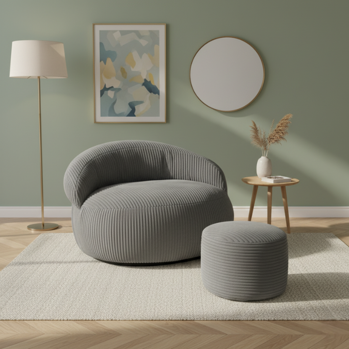 Pouf XXL En Velours Côtelé Déhoussable - 110 X 100 Cm + Repose-Pieds