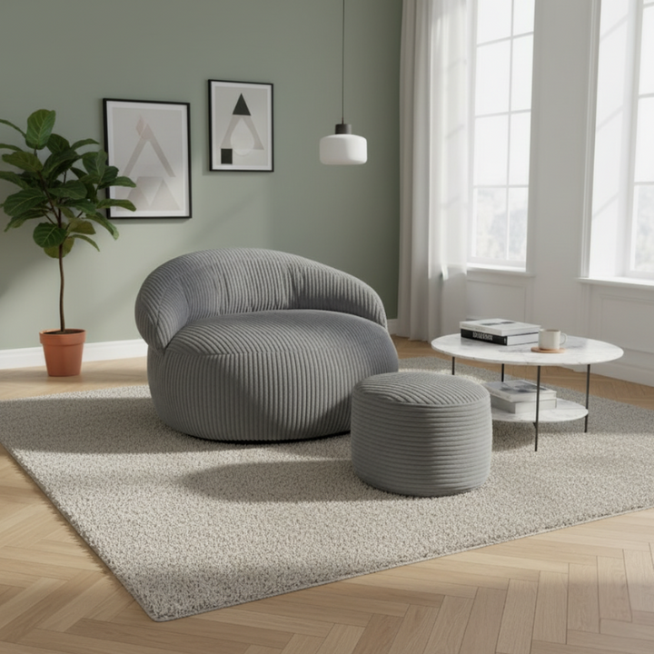Pouf XXL En Velours Côtelé Déhoussable - 110 X 100 Cm + Repose-Pieds