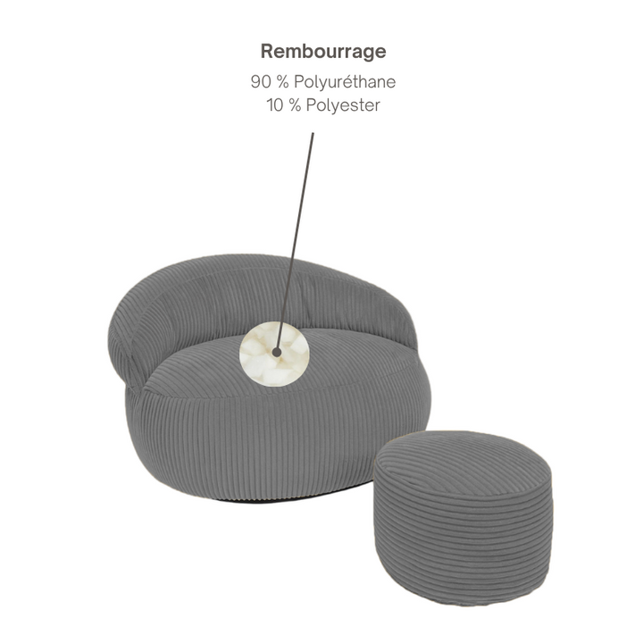 Pouf XXL En Velours Côtelé Déhoussable - 110 X 100 Cm + Repose-Pieds