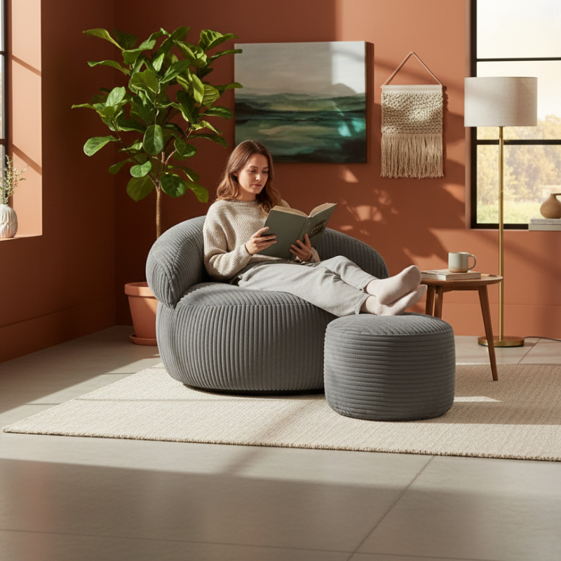 Pouf XXL En Velours Côtelé Déhoussable - 110 X 100 Cm + Repose-Pieds